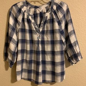 Crown & Ivy V-Neck 3/4 Sleeved Tunic, blue and White Plaid, size Small